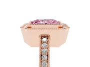 Fancy Pink Radiant Cut Diamond Halo Engagement Ring Set in Rose gold with Pavé Band and Round Halo Stones