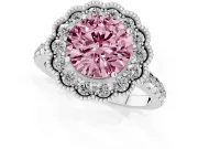 Fancy Pink Round Cut Diamond Milgrain Floral Halo Engagement Ring Set in Platinum with Pavé Band