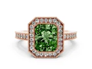 Fancy Green Radiant Cut Diamond Halo Engagement Ring Set in Rose gold with Pavé Band and Round Halo Stones