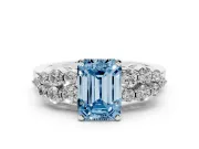 Fancy Blue Emerald Cut Diamond Cluster Engagement Ring Set in Silver with Pavé Band and Prong Setting