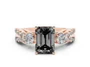 Fancy Black Emerald Cut Diamond Three-Stone Ring Set in Rose gold with Pavé Split Shank and Prong Setting
