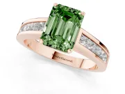 Fancy Green Emerald Cut Diamond Solitaire Ring Set in Rose gold with Channel-Set Band and Prong Setting