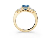 Fancy Blue Asscher Cut Diamond Cluster Ring Set in Yellow gold with Round Accent Stones and Prong Setting on a Plain Band