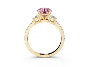 Fancy Pink Three-Stone Round Cut Diamond Pavé Band Ring Set in Yellow gold with Prong Setting