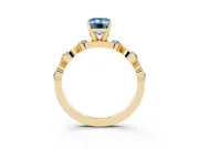 Fancy Blue Emerald Cut Diamond Solitaire Ring Set in Yellow gold with Ribbon Twist Band, Round Accents and Prong Setting