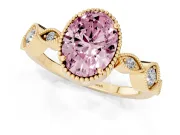 Fancy Pink Oval Cut Diamond Vintage-Inspired Milgrain Ring Set in Yellow gold with Marquise Stations of Round Accents