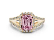 Emerald Cut Halo Engagement Ring Setting for a Fancy Pink Lab-Grown Diamond | V-Split Pavé Band | Yellow Gold