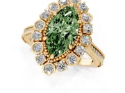Fancy Green Marquise Cut Diamond Halo Milgrain Pavé Ring Set in Yellow gold with Prong Setting