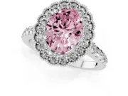 Fancy Pink Oval Cut Diamond Milgrain Floral Halo Engagement Ring Set in White gold with Pavé Band