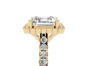 Asscher Cut Diamond Milgrain Floral Halo Engagement Ring Set in Yellow gold with Pavé Band