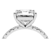 Asscher Cut Diamond Brilliant Solitaire Ring Set in Silver with Pavé Band and Prong Setting