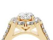 Oval Cut Diamond Halo Engagement Ring Set in Yellow gold with Split Shank and Prong Setting