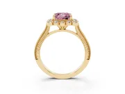 Fancy Pink Princess Cut Diamond Halo Milgrain Pavé Ring Set in Yellow gold with Prong Setting