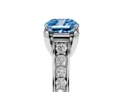 Fancy Blue Cushion Cut Diamond Solitaire Pavé Engagement Ring Set in Platinum with Prong Setting