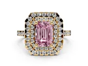 Fancy Pink Emerald Cut Diamond Double Halo Statement Ring Set in Yellow gold with Pavé Band