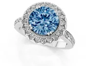 Round Vintage Milgrain Halo Engagement Ring Setting for a Fancy Blue Lab-Grown Diamond | Pierced Gallery | White Gold