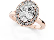 Oval Cut Diamond Halo Solitaire Ring Set in Rose gold with Pavé Band and Prong Setting