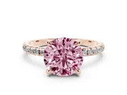 Fancy Pink Round Cut Diamond Brilliant Solitaire Ring Set in Rose gold with Pavé Band and Prong Setting