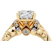 Cushion Cut Diamond Filigree Halo Engagement Ring Set in Yellow gold with Prong Setting