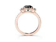 Fancy Black Round Cut Diamond Three-Stone Ring Set in Rose gold with Pavé Band and Graduated Sides