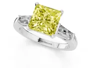 Fancy Yellow Princess Cut Diamond Solitaire Ring Set in Silver with Tapered Baguette Side Stones and Prong Setting