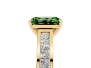 Fancy Green Emerald Cut Diamond Solitaire Ring Set in Yellow gold with Channel-Set Band and Prong Setting