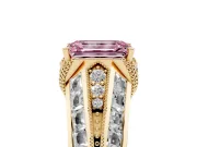 Fancy Pink Emerald Cut Diamond Vintage-Inspired Milgrain Ring Set in Yellow gold with Accent Split Shank