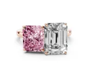 Fancy Pink Radiant Cut and Emerald Cut Toi Moi Ring Set in Rose gold with Prong Setting