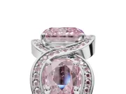 Radiant Cut Three Stone Halo Engagement Ring Setting for a Fancy Pink Lab-Grown Diamond | Pavé Wave Band | Platinum
