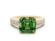 Fancy Green Asscher Cut Diamond Solitaire Ring Set in Yellow gold with Channel-Set Band and Prong Setting