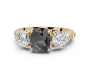 Cushion Cut Three Stone Engagement Ring Setting for a Black Center | Tapered Pavé Band | Yellow Gold