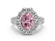 Fancy Pink Oval Cut Diamond Halo Engagement Ring Set in White gold with Split Shank and Prong Setting