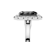 Fancy Black Emerald Cut Halo Round Diamond Solitaire Ring Set in Silver with Pavé Band and Prong Setting