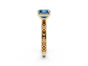 Fancy Blue Asscher Cut Diamond Solitaire Ring Set in Yellow gold with Milgrain and Black Enamel X Pattern Band
