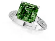 Fancy Green Asscher Cut Diamond Solitaire Engagement Ring Set in Silver with Multi-Row Round Pavé Band and Prong Setting