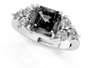 Fancy Black Asscher Cut Diamond Solitaire Ring Set in White gold with Cluster Accents on Each Side