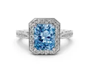 Radiant Cut Milgrain Halo Engagement Ring Setting for a Fancy Blue Lab-Grown Diamond | Side Stones | Sterling Silver