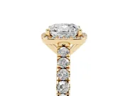 Cushion Cut Diamond Halo Engagement Ring Set in Yellow gold with Pavé Band and Prong Setting