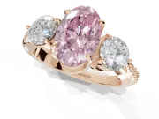 Oval Three Stone Engagement Ring Setting for a Fancy Pink Lab-Grown Diamond | Tapered Pave Band | Rose Gold