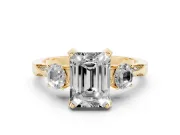Emerald Cut Hidden Halo Three Stone Engagement Ring Setting | Pave Gallery | Yellow Gold