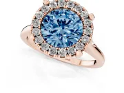 Round Halo Engagement Ring Setting for a Fancy Blue Lab-Grown Diamond | Claw Corners | Rose Gold