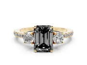 Emerald Cut Three Stone Engagement Ring Setting for a Black Center | Pavé Shoulders | Yellow Gold