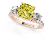 Fancy Yellow Three-Stone Cushion Cut Diamond Pavé Band Ring Set in Rose gold with Prong-Set Trio