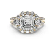 Asscher Cut Scalloped Halo Engagement Ring Setting | Pear Side Stones | Yellow Gold