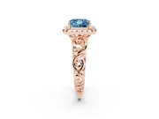 Fancy Blue Princess Cut Diamond Halo Ring Set in Rose gold with Scrollwork Band and Prong Setting