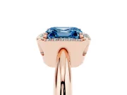 Fancy Blue Asscher Cut Diamond Halo Engagement Ring Set in Rose gold with Plain Split Shank and Prong Setting