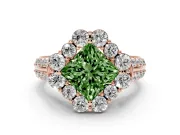 Fancy Green Princess Cut Diamond Halo Engagement Ring Set in Rose gold with Split Shank and Prong Setting