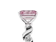 Fancy Pink Emerald Cut Diamond Solitaire Ring Set in Silver with Ribbon Twist Band, Round Accents and Prong Setting
