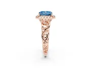 Fancy Blue Radiant Cut Diamond Halo Ring Set in Rose gold with Scrollwork Band and Prong Setting