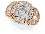Radiant Cut Vintage Floral Halo Engagement Ring Setting | Engraved Milgrain Band | Rose Gold